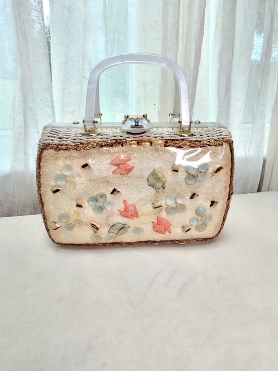 atlas of hollywood Handbags - Vintage Atlas of Hollywood Wicker Seashell Bag White Lucite Handle 1950s 60s